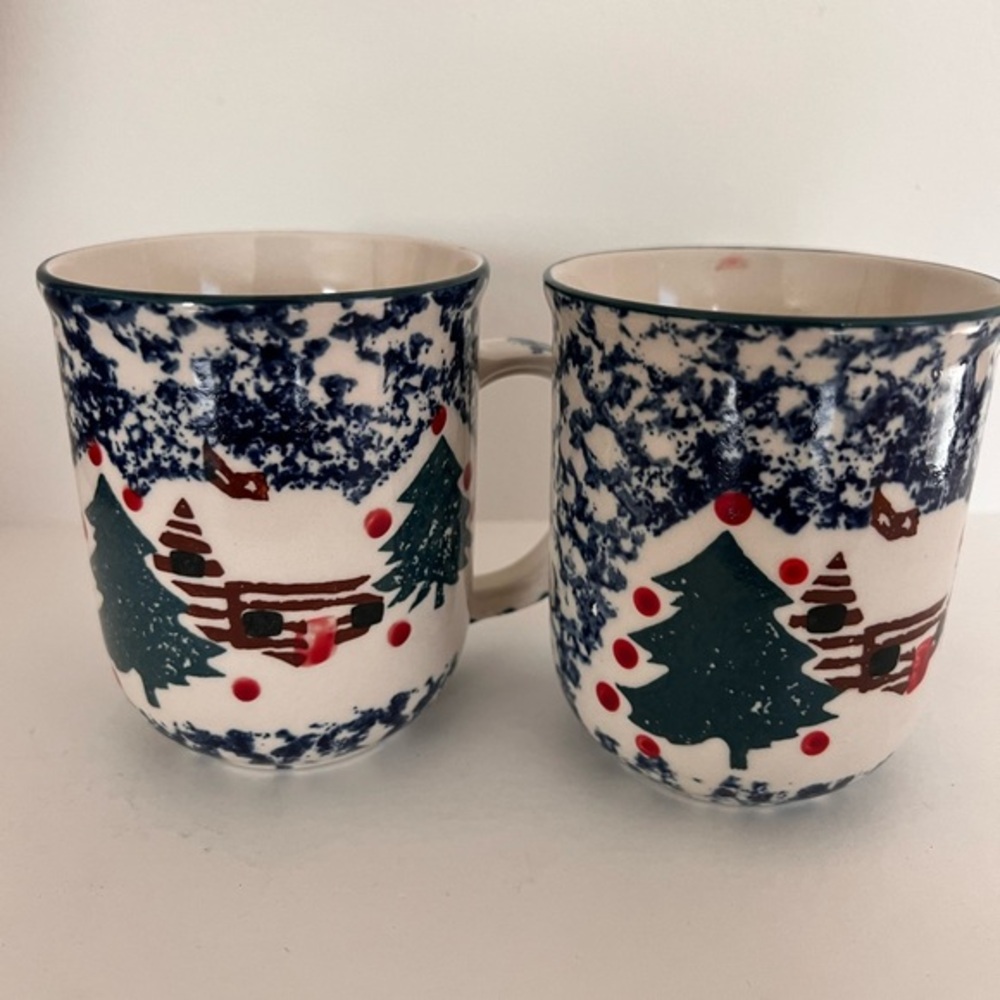 Folk Craft Cabin in the Snow Blue Spongware Christmas Mug by Tienshan Set Of 2